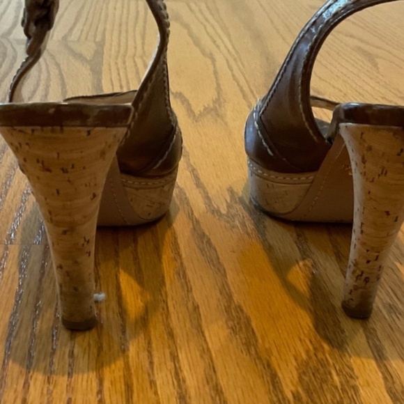 Prada Brown Leather Cork Wedge Sandals Size 36.5 (6 1/2) - Slingback Peep Toe - Picture 3 of 16